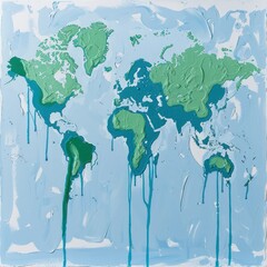 Illustrate a world map melting like ice cream, with drips representing rising sea levels, to symbolize the urgency of addressing global warming.