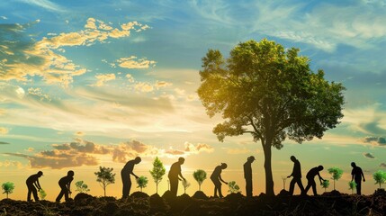 Human silhouettes planting trees in the shape of a thermometer, where the mercury is rising trees, conceptualizing the role of reforestation in combating global warming