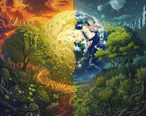 Obraz na płótnie Canvas An illustration showing contrasting scenes: a vibrant, healthy planet versus a withered, overheated Earth split down the middle. Before and after