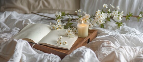 Fototapeta na wymiar A wooden tray holds a paper sketchbook, candle, and spring flowers on pristine white bedding, symbolizing the concept of a good morning.