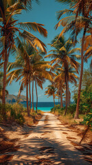 Obraz premium Road to the beach with palm trees by the sides. Paradise. Vacation and Tourism concept.