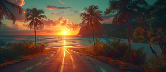 Road to the beach with palm trees by the sides. Paradise. Vacation and Tourism concept. - obrazy, fototapety, plakaty