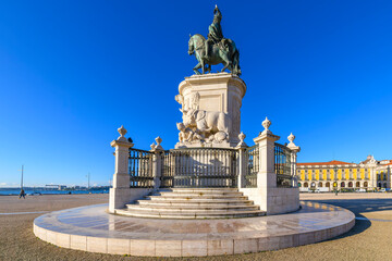 The equestrian statue of King Joseph I of Portugal, on a sunny day at the waterfront Praça do...