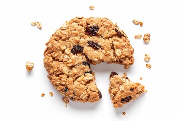 Half eaten oat and raisin cookie on white background from top view