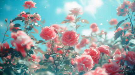 Rose garden that looks like it was photographed with an old camera. - obrazy, fototapety, plakaty