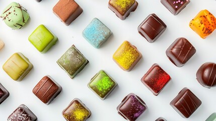 Multi-colored chocolate candies on a white background. The concept of chocolate day, holiday, birthday