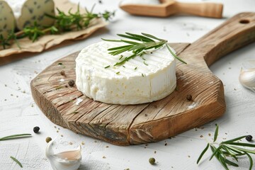 Goat cheese on wooden board with light backdrop - obrazy, fototapety, plakaty