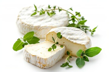 Goat cheese slices with fresh marjoram on white background Culinary delight