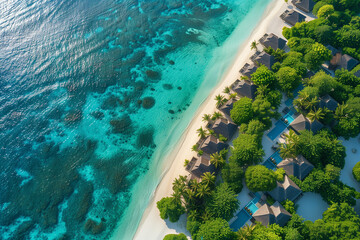 Aerial view of island with bungalows in tropical ocean.