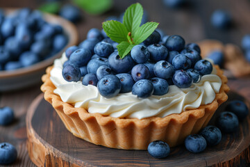 Tartlet with cream and blueberries on wooden table.