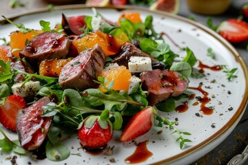 Gourmet salad with fruit and goat cheese served on white plate Close up of delicious meat dish on...
