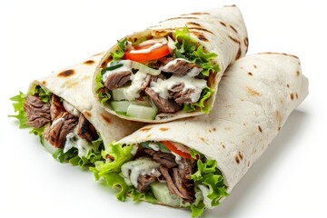 Grilled meat and salad wrap with white sauce isolated on white background