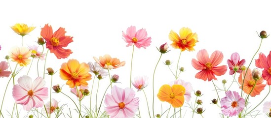 Fototapeta na wymiar Cosmos flowers in shades of orange, pink, and yellow are in full bloom against a white backdrop.