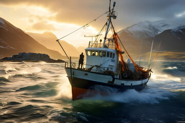 Lone fisherman braving turbulent seas at dusk near rocky coastline - obrazy, fototapety, plakaty