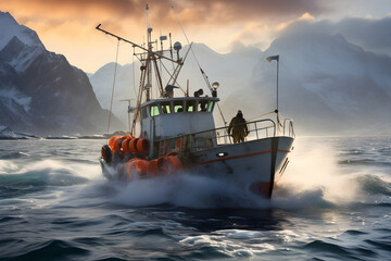 Fishing vessel braving choppy waters with mountains in the background. - obrazy, fototapety, plakaty