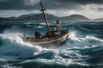 Fishing boat braving turbulent seas near coastal mountains at dusk - obrazy, fototapety, plakaty