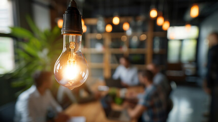 Obraz premium Illuminated Light Bulb Over a Blurred Business Meeting, Conceptualizing Ideas and Innovation in the Workplace