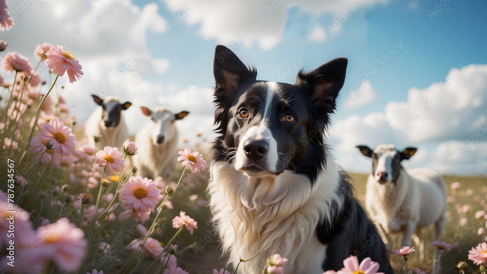 Wall mural border collie dog herding sheep