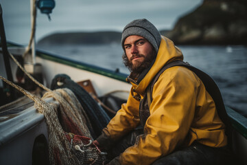 Bearded fisherman in yellow raincoat preparing nets on boat at dusk - obrazy, fototapety, plakaty