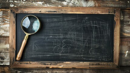 Self promotion Chalkboard and magnifying glass displayed on a wooden surface