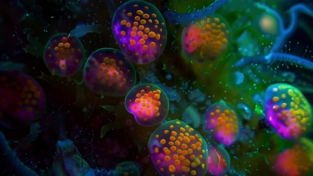 A vibrant fluorescence image of a water bears eggs showcasing its mechanism and survival strategy for harsh environments. . AI generation.