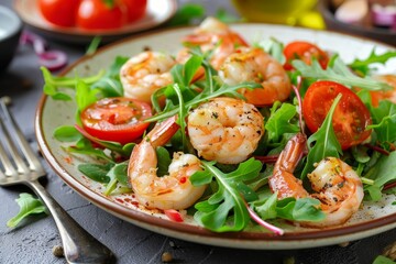 Healthy shrimp salad with mixed greens and tomatoes for weight loss