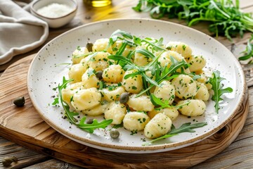 Homemade gnocchi with creamy gorgonzola sauce capers and arugula on a white plate on a wooden board