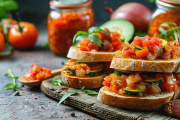 Homemade vegetarian sandwiches with zucchini tomatoes and onions on wooden background - obrazy, fototapety, plakaty