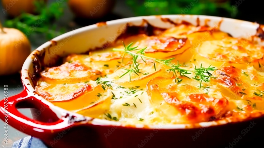 Poster casserole dish with potatoes and herbs on the table