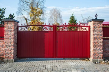 Installing red metal fencing panels and gate with brick door