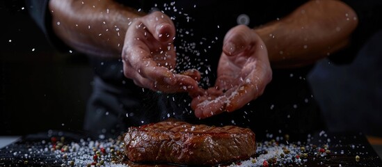 Fototapeta premium A chef is preparing a meat steak by seasoning it with salt and pepper against a black background, suitable for a restaurant menu or recipe presentation.