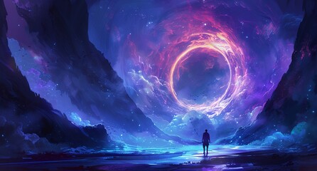 a man standing in front of a giant purple and blue object in the sky - obrazy, fototapety, plakaty