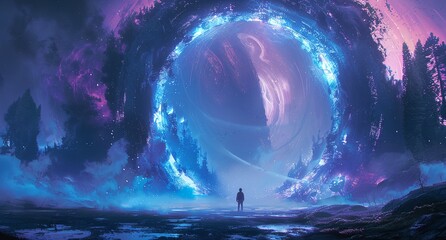 a man standing in front of a giant purple and blue object in the sky - obrazy, fototapety, plakaty