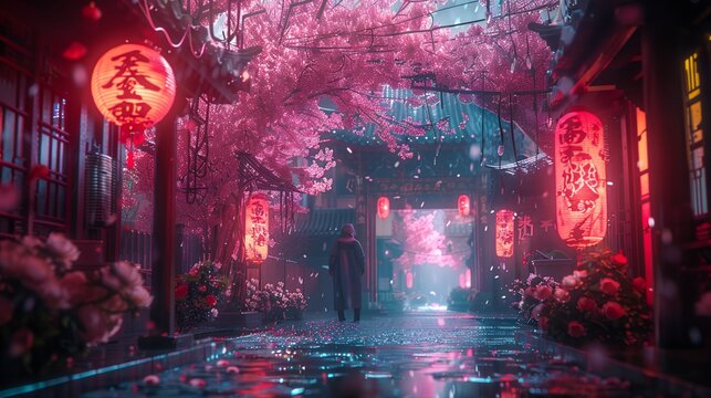 a man standing in a doorway surrounded by pink flowers and lanterns in a city street at night with a neon light