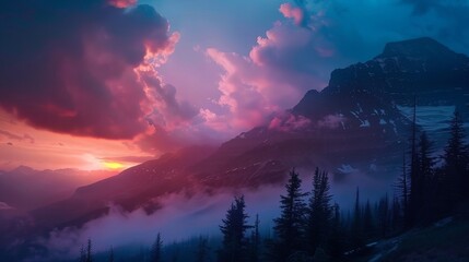 a mountain range with a pink sky and a sun setting in the background