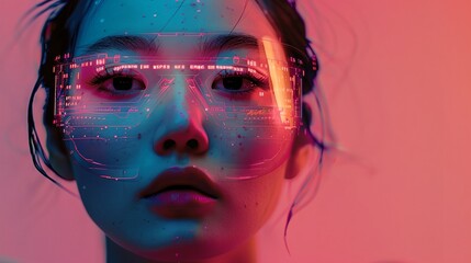 a woman with futuristic glasses on her face and a pink background