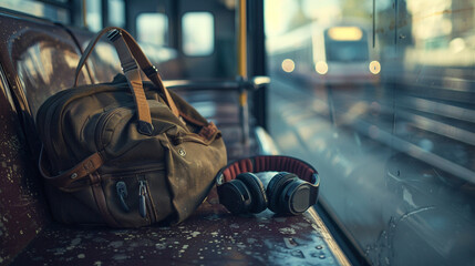 A student's school bag lying on a bus seat, accompanied by a pair of forgotten headphones.