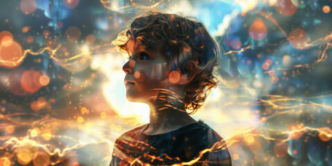 A boy in front of the future sky in a style that merges cybernetic sci-fi, bokeh, and realistic lifelike elements. - obrazy, fototapety, plakaty