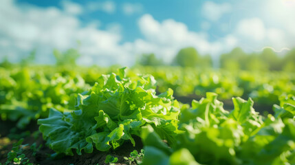 The use of hydroponics for a farm of lettuce in a style that merges realistic landscapes with soft, tonal colors and realistic blue skies.