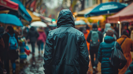 An individual in a hooded parka walking through a crowd on a city street or market is portrayed in a style that includes bold colorism and abrasive authenticity.