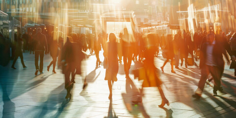 Sunlight shines on business people walking next to a desk, their movement captured in a style that emphasizes balanced asymmetry, multicultural influences, and gestural markings. - obrazy, fototapety, plakaty