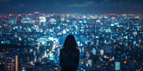 A woman looking at a city at night, humanistic empathy, and realistic yet romantic elements. - obrazy, fototapety, plakaty