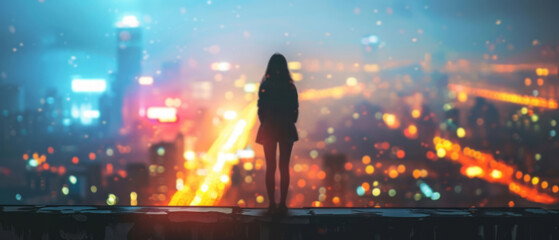 A person stands on a ledge looking into a city at night, soft-focus portraits, and impressive panoramas. - obrazy, fototapety, plakaty