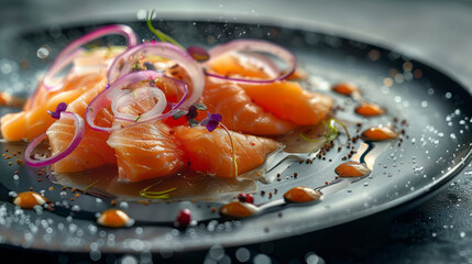 A plate topped with salmon and onion is portrayed in a style that includes realistic still lifes with dramatic lighting, luxurious geometry, and extravagant elements.