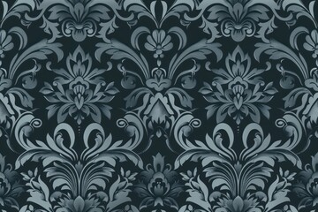 A stylized seamless floral geometric pattern with a blue tone on a blue background in a style that merges rococo ornamentation, flowing draperies, and detailed elements.