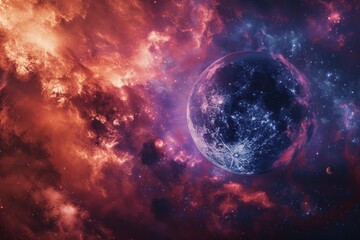 Planets and space around planets in a style that merges realistic scenery, crimson and blue tones, harmonious chaos, photorealistic detail, hellish background, and accurate topography. - obrazy, fototapety, plakaty