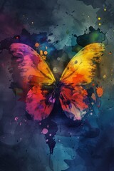 Fototapeta na wymiar Colorful watercolor butterfly wallpaper in a style that incorporates surrealistic elements, symmetrical composition, organic sculptures, and dark, foreboding colors.