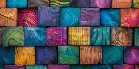 Colorful wooden blocks on a background are portrayed in a style that includes textile collages, macro perspectives, stained glass effect, eco-friendly craftsmanship, iridescent elements