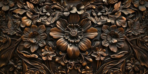 An attractive and ornate wooden wall in a style that merges focus stacking, dark bronze tones, intricate foliage, and rounded elements. - obrazy, fototapety, plakaty