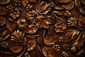 A beautiful wall covered in wood carvings in a style that includes dark brown and dark beige tones, close up view, and lush baroque still lifes. - obrazy, fototapety, plakaty